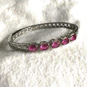 Hot Pink Quartz Bangle in Stainless Steel With Hearts Design